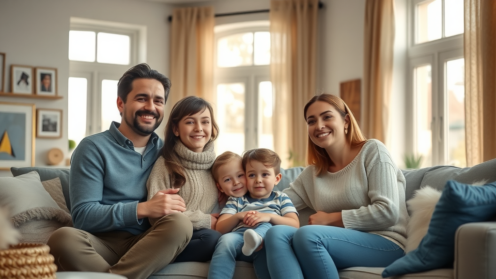 modern family in a well-lit living room smiling, furnace vent visible, home furnace inspection safety