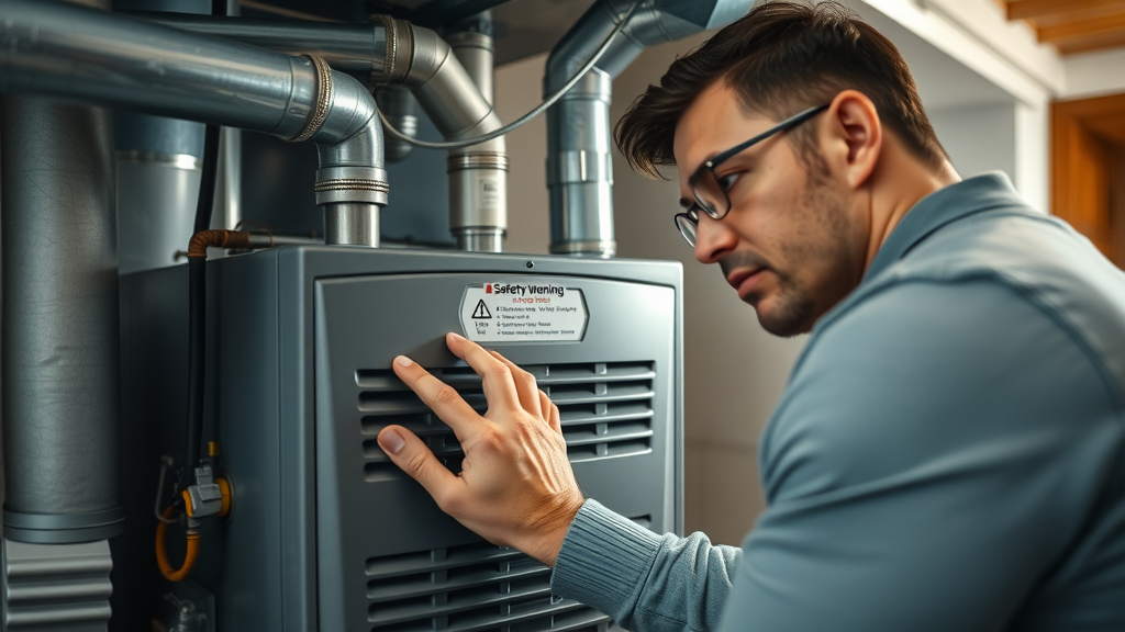 Close-up of a modern home furnace with safety warning indicators and a concerned homeowner inspecting for hazards in a suburban basement, clear pipes and venting visible, technical details apparent, neutral tones.