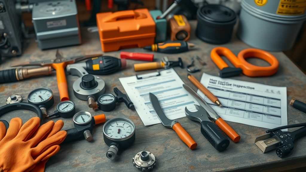 Assortment of home furnace inspection tools, gauges, gloves, and manuals on a workbench with a paper checklist, focus on safety and technical details, checklist paper nearby.