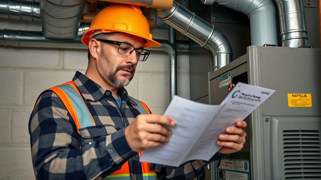 Homeowner in safety gear visually inspecting furnace parts for leaks and rust, checklist in hand, clean utility room with visible ductwork, natural posture.