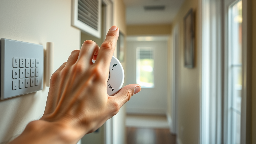 Close-up of hand pressing carbon monoxide detector test button, attentive expression, standard safety check in modern hallway near thermostat.