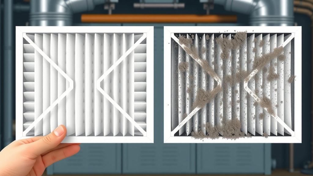 Close-up of clean and dirty HVAC air filters side by side, simplified furnace system background, animated dust particles, bold color contrast.