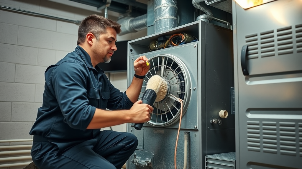 HVAC technician using soft brush to clean furnace blower fan, removing dust in spacious utility room with exposed panels.