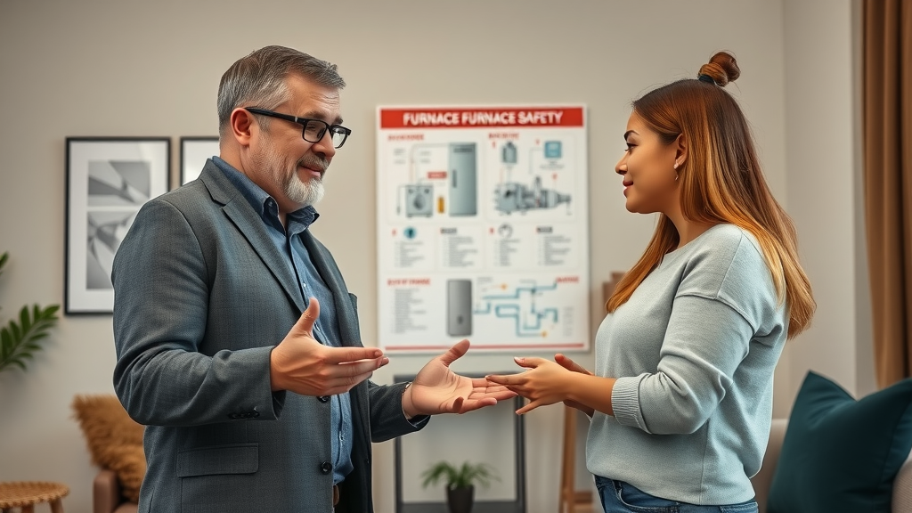 HVAC expert teaching a young couple about furnace safety, gesturing toward safety chart, natural interaction in modern living room, furnace schematic visible.