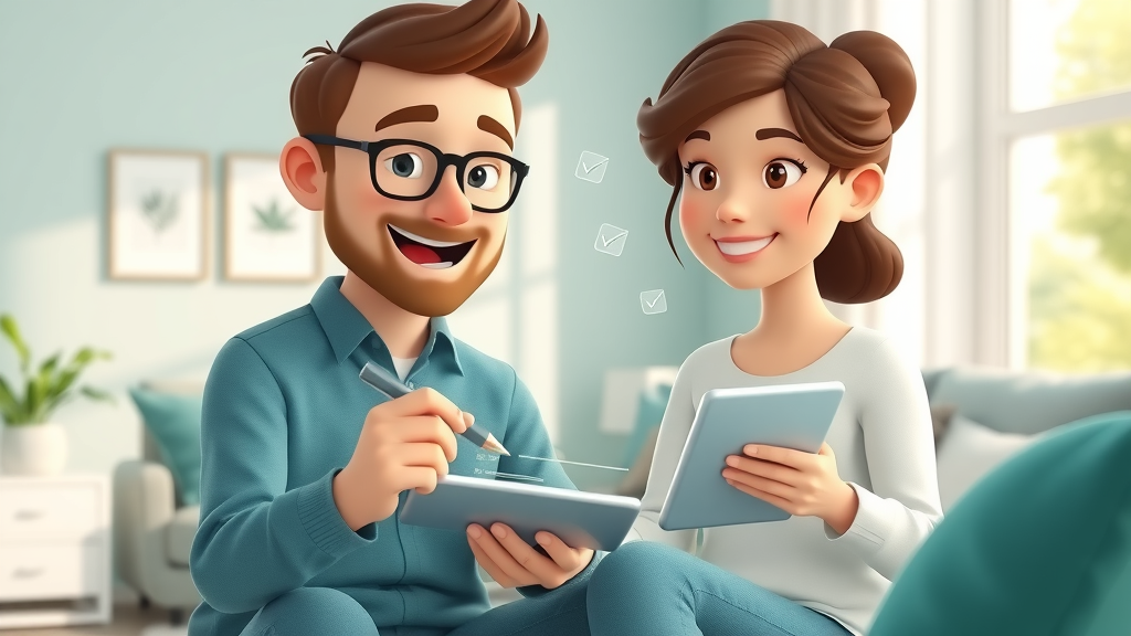 Homeowner filling in digital HVAC inspection checklist on tablet, marking completed items with floating checkmarks, cozy interior, teal and white tones.