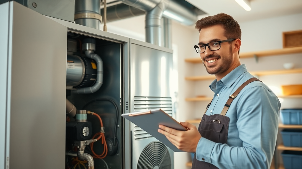 Professional technician inspecting modern HVAC system for furnace maintenance tips
