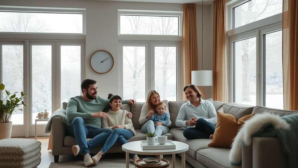 Family relaxing as furnace system provides cozy heat after regular maintenance