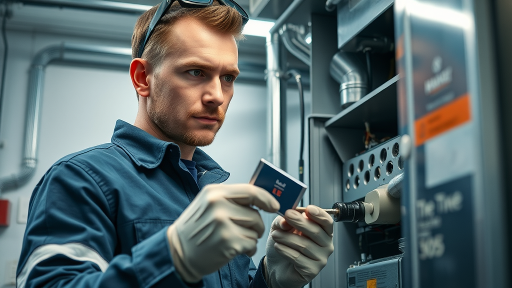 experienced HVAC professional inspecting modern gas furnace with tools; detailed technical room with visible furnace components; professional furnace inspection