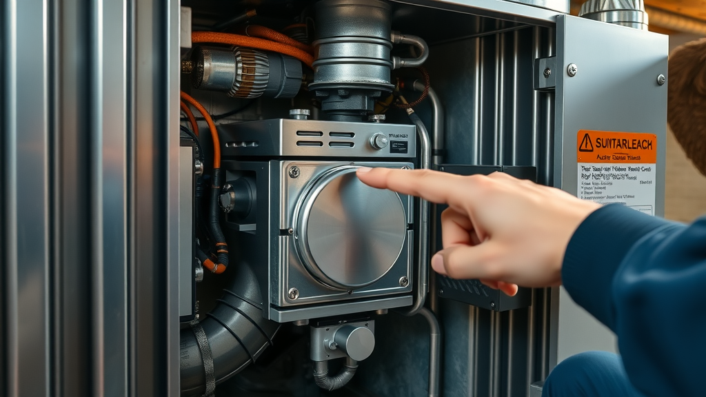 close-up of modern gas furnace interior; HVAC expert pointing to inspection points on blower, wiring, air filter; professional furnace inspection