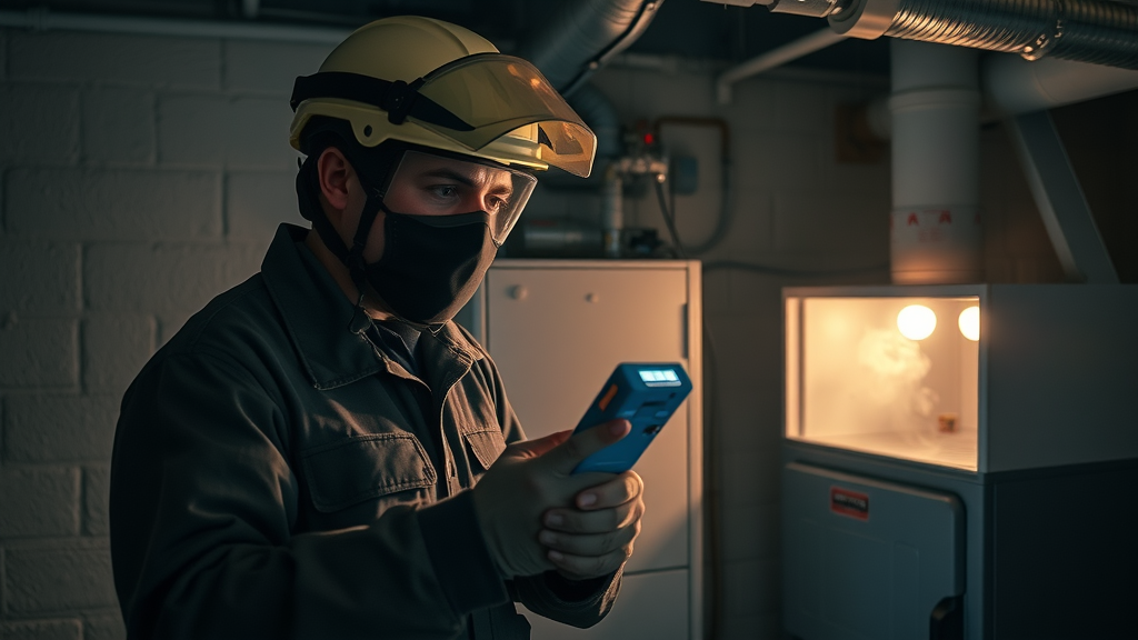 HVAC technician discovering gas leak with handheld detector during furnace inspection; protective gear; highlighted danger area near furnace