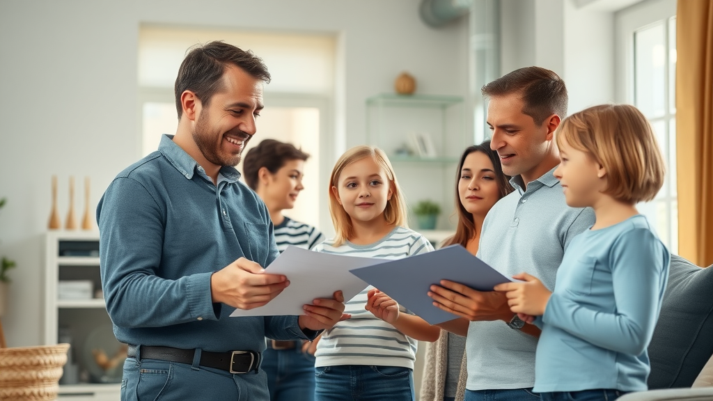 family consulting with professional HVAC technician in modern home; friendly; furnace visible; professional furnace inspection; calm blue and tan colors