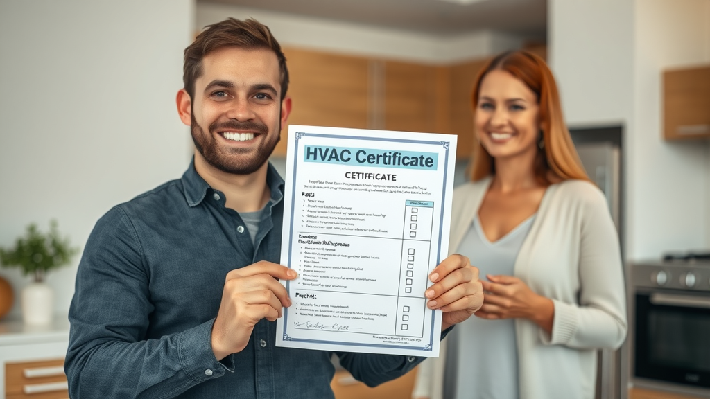 HVAC certificate and checklist displayed by smiling technician; homeowner relieved in background; modern professional furnace inspection
