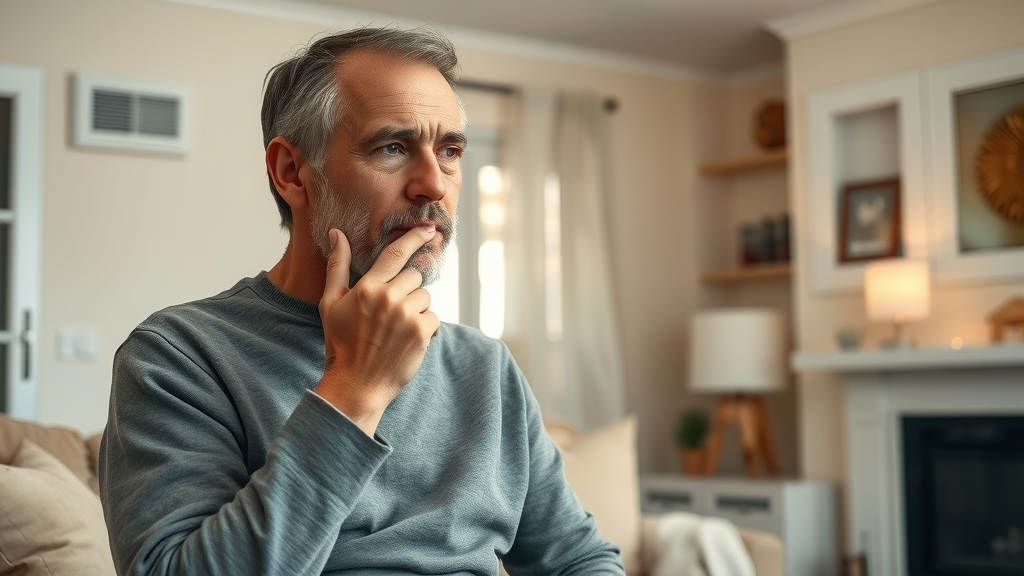 Concerned homeowner inspecting vents for signs of furnace problems in cozy living room