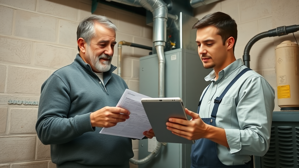 Homeowner and technician reviewing furnace maintenance checklist