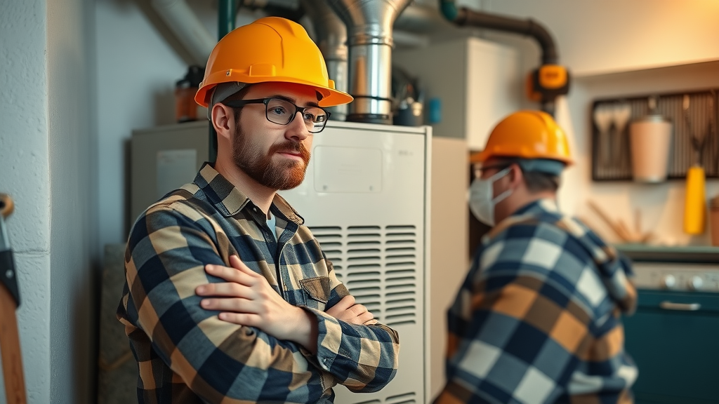 DIY furnace inspection: Homeowner safely examining a clean and efficient modern furnace unit in a bright residential utility room, wearing safety gear.