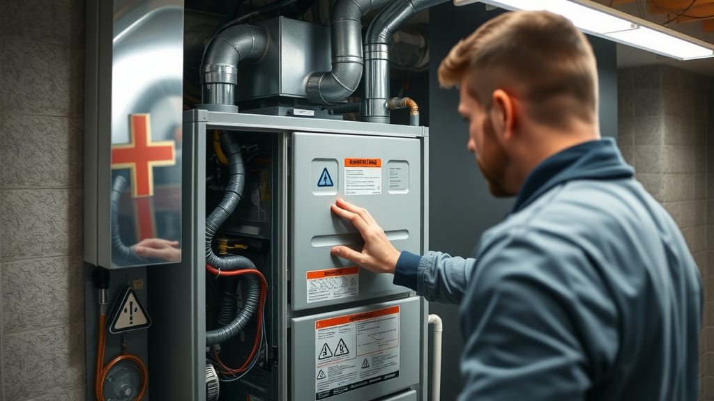 Modern annual furnace inspection: Technician demonstrating maintenance on upgraded, energy-efficient furnace with safety labels and new features in a clean contemporary basement.
