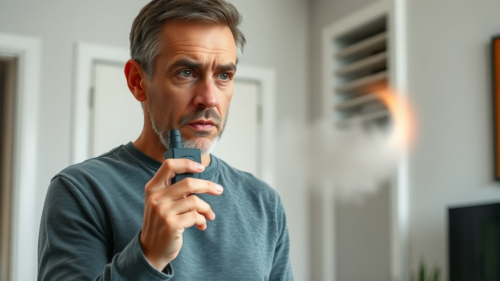 DIY furnace inspection: Homeowner uses a carbon monoxide detector near a furnace vent to check for early signs of dangerous gas leaks in a modern home.