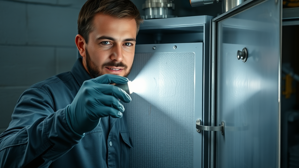 DIY furnace inspection: Technician shines flashlight on heat exchanger inside furnace to detect cracks or rust for safety check.