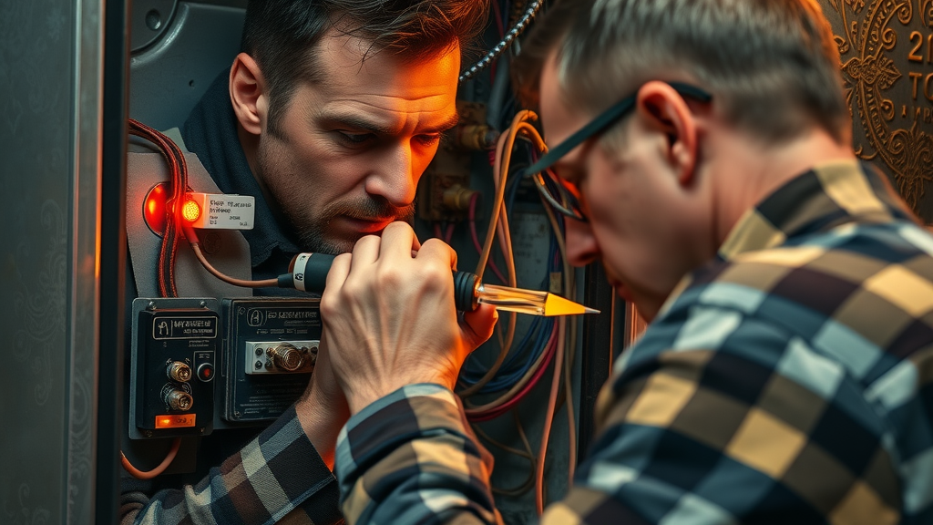 DIY furnace inspection: Homeowner uses insulated screwdriver to safely secure electrical connections on a furnace control board.