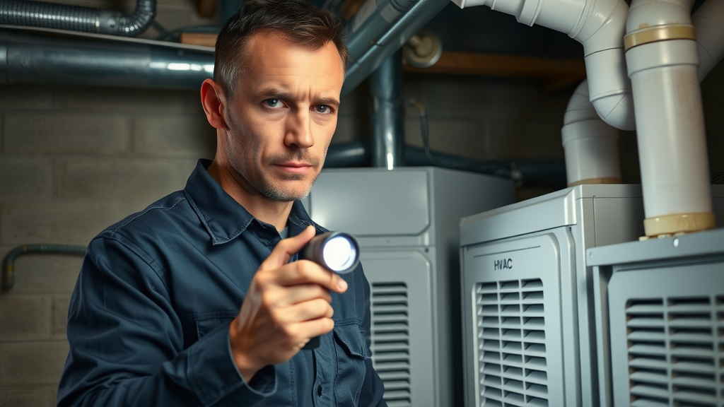 Furnace safety inspection: technician checking HVAC system in a suburban basement, detailed HVAC tools, clear insignia, photorealistic