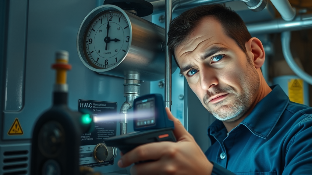 HVAC inspector detects gas leak in a furnace during safety inspection, warning labels, photorealistic, macro shot