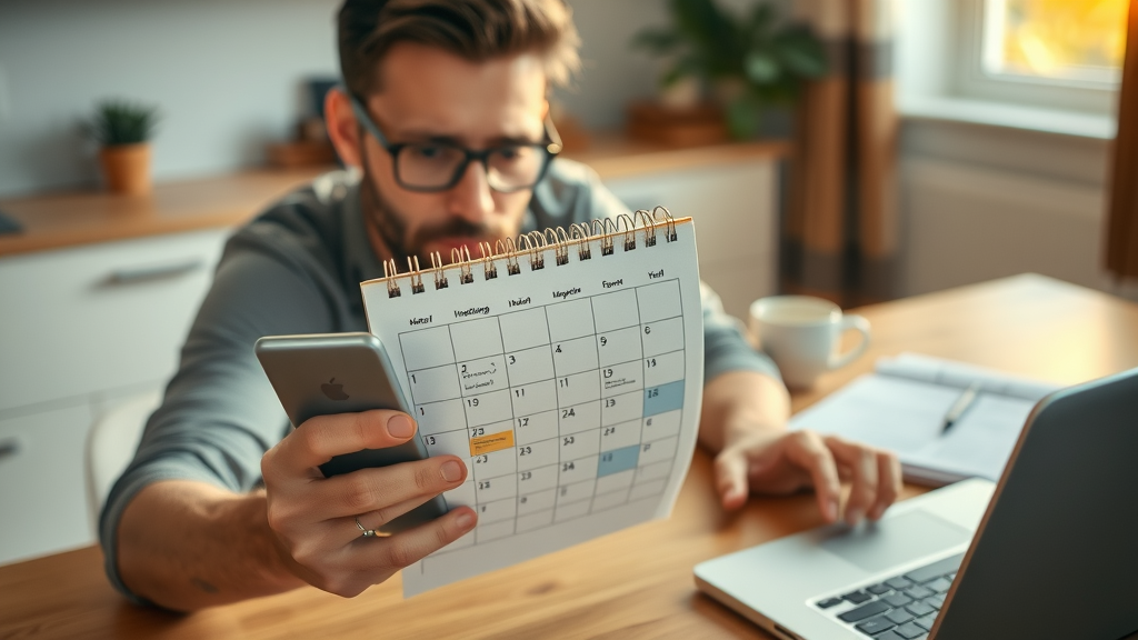 HVAC inspection appointment marked on calendar, homeowner scheduling furnace safety inspection, modern kitchen, photorealistic