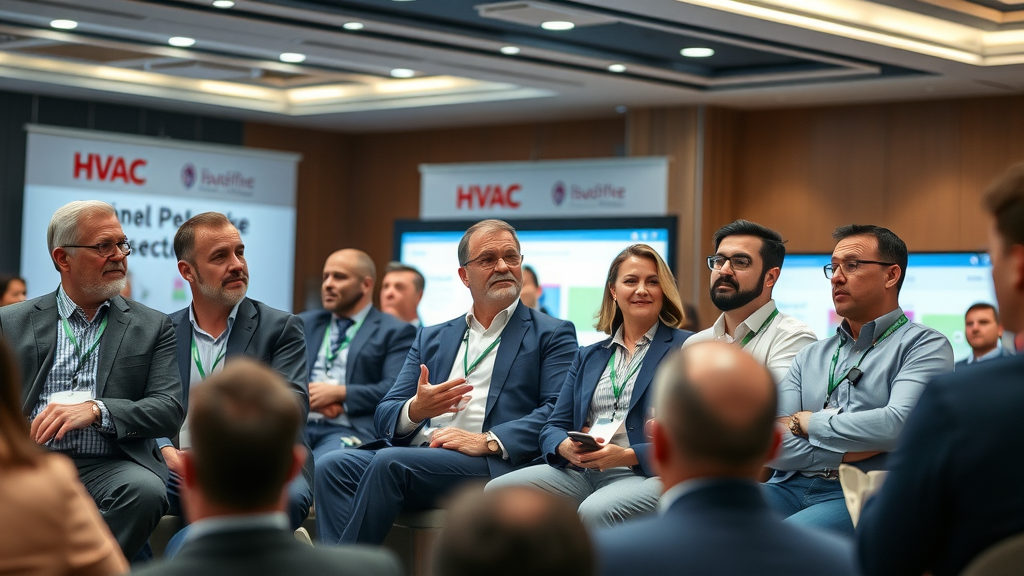 Industry professionals at HVAC conference discuss new furnace safety inspection regulations, modern hall, highly detailed