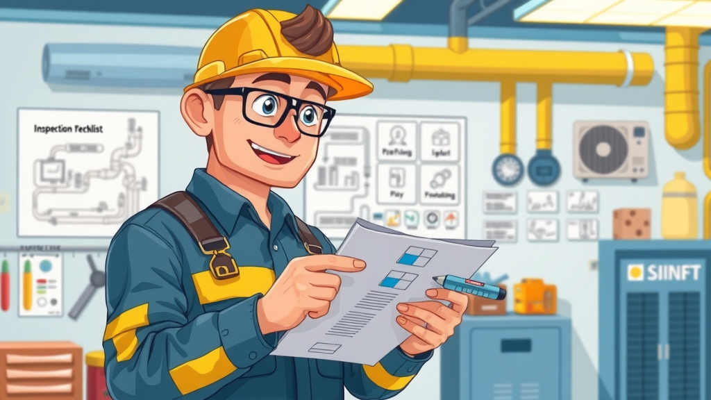 Professional HVAC technician prepares detailed furnace safety inspection checklist, clean workshop with diagrams, 2D cartoon