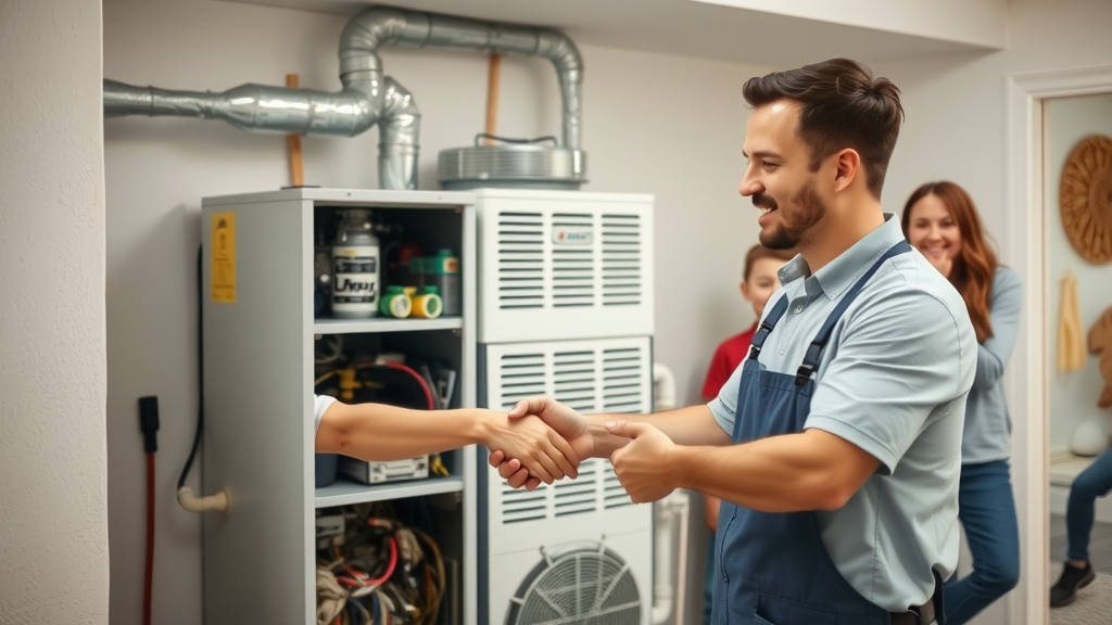 Reliable HVAC system in perfect condition after furnace safety inspection, family smiling, technician shaking hands, high fidelity