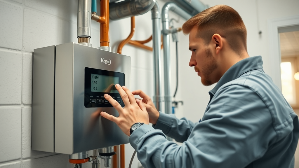 Technician conducting a furnace inspection on a modern heating system in a bright utility room, highlighting the importance of furnace inspection in 2025