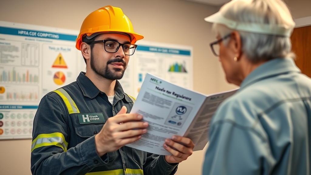 HVAC technician explaining new regulatory brochure to homeowner during a furnace inspection, highlighting compliance requirements in 2025