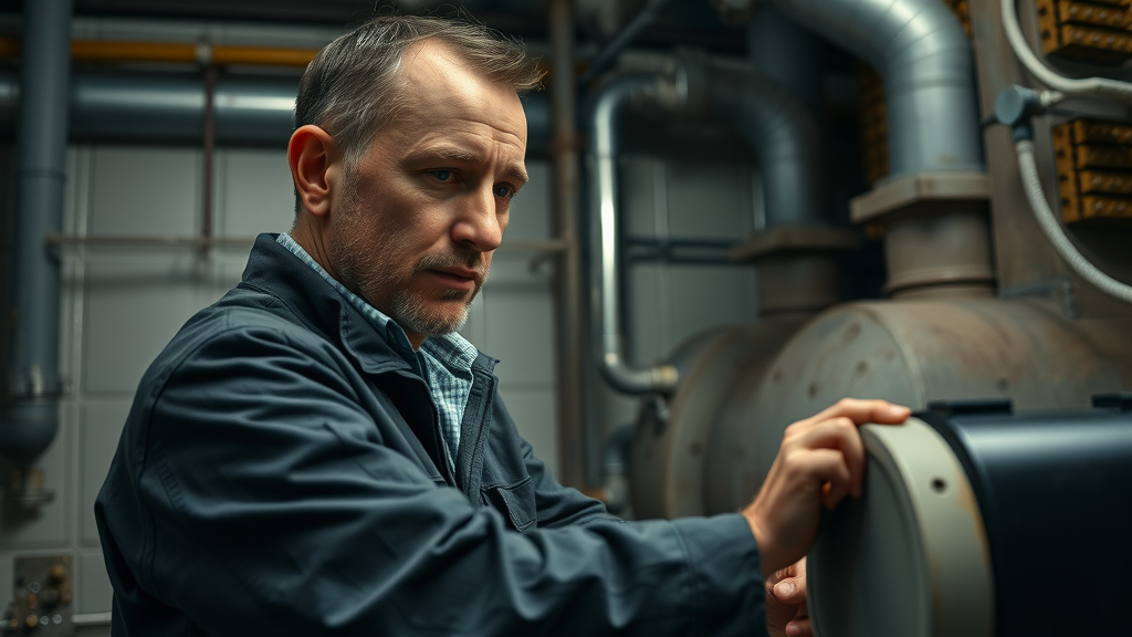 Technician performing maintenance on mechanical room furnace, emphasizing heating system reliability due to annual furnace inspection