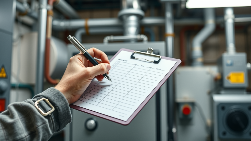 Furnace inspection checklist in mechanical room, highlighting annual furnace inspection tasks for homeowners in 2025