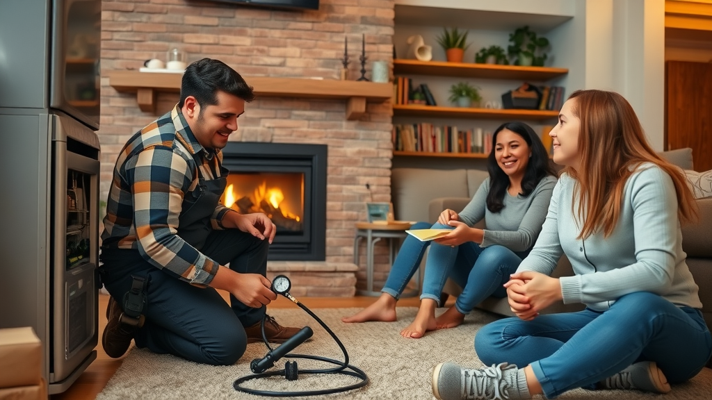 family observing technician during furnace inspection, cozy living room with heating system components, photorealistic cinematic style