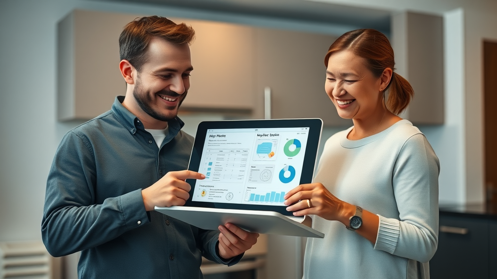 technician showing digital HVAC inspection report to homeowner, technical diagrams displayed on tablet, photorealistic high-fidelity scene