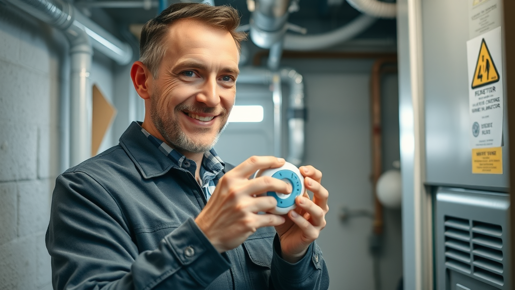 inspector testing carbon monoxide detector in modern furnace room, close-up action shot, highly detailed photorealistic