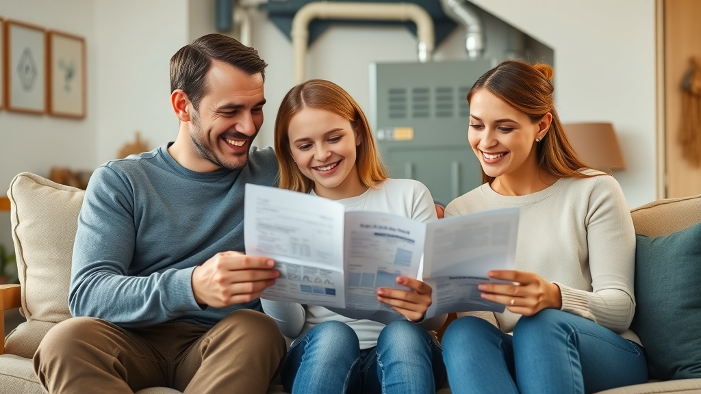 Modern American family reviewing energy bills in a cozy living room with high-efficiency furnace and energy-saving features