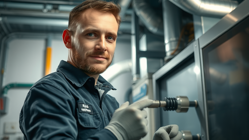 HVAC technician inspecting a modern furnace system in a mechanical room