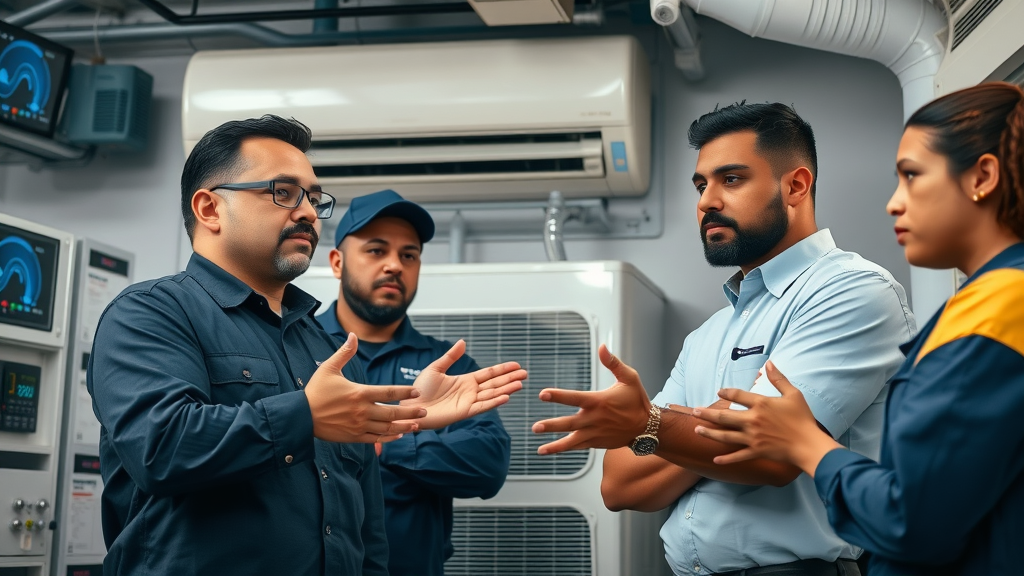 Team of HVAC professionals conducting dual inspection of air conditioner and furnace with diagnostic displays and airflow patterns