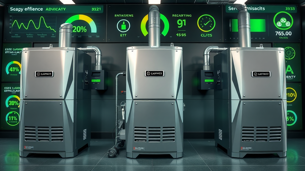 Three latest gas furnace models displayed side by side with digital performance charts and eco-friendly branding
