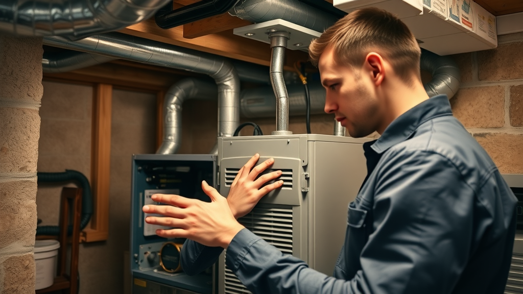 HVAC technician performing detailed annual furnace inspection benefits in modern residential basement